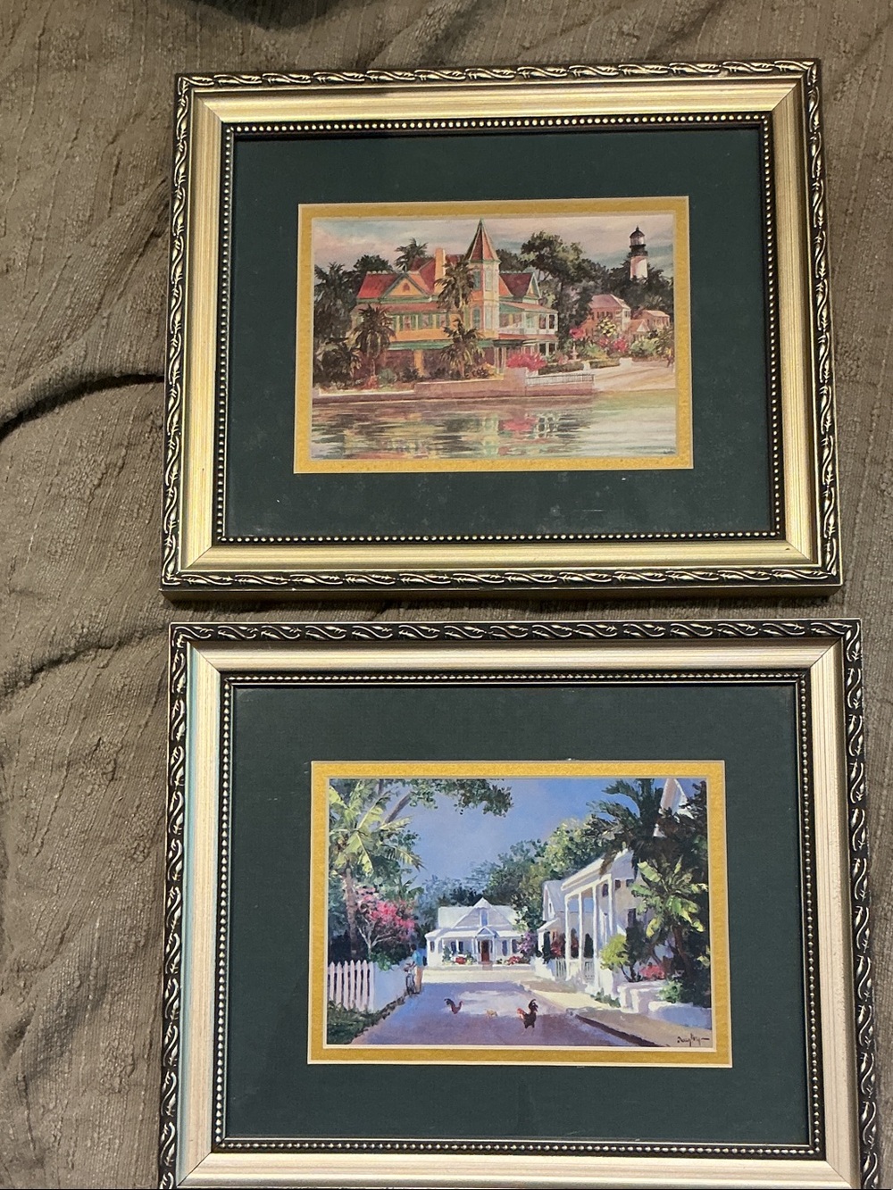 Irma Quigley Key West Framed Prints — Pair in Gold Frames with Dark Green Mats